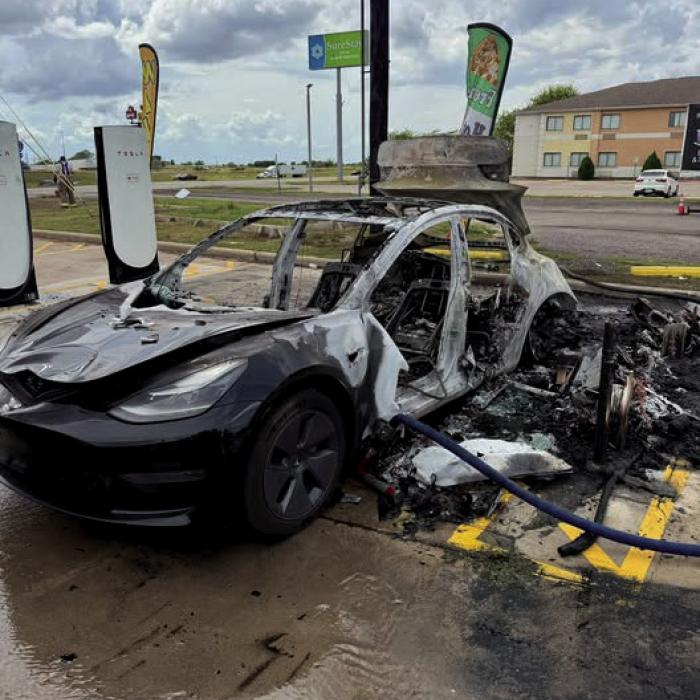 The Weimar Volunteer Fire Department shared this photo of the Tesla that burned as a result of suspected arson last Thursday.