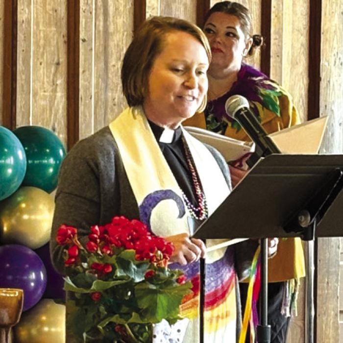 Pastor Jen delivering the sermon at the Shared Lutheran Ministry 25th anniversary celebration on Feb. 1 at the SPJST Hall in Fayetteville.