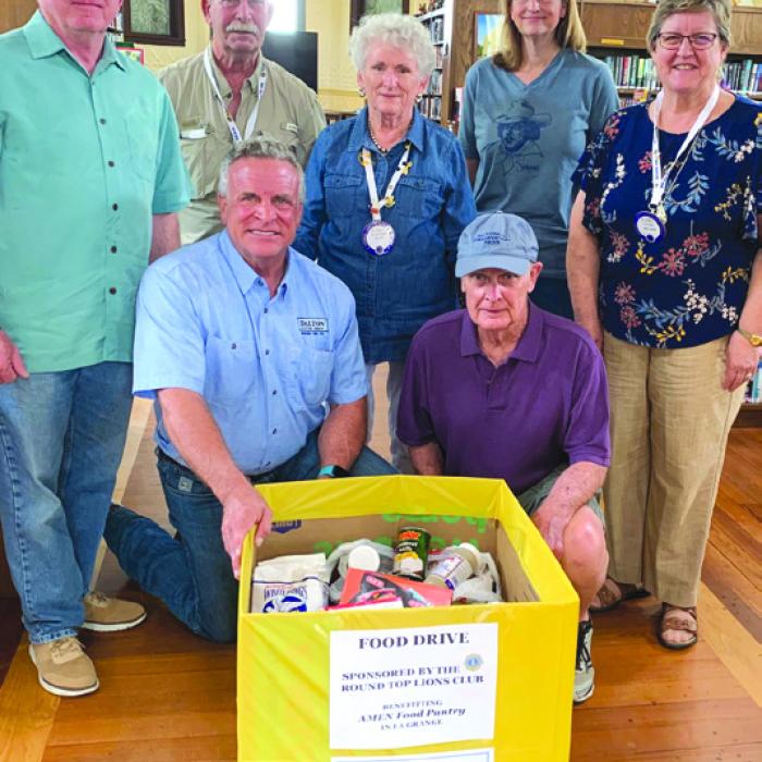 Round Top Lion’s Club held a food drive from March 14 through April 14. The donations went to the AMEN Food Pantry in La Grange. The drop off locations were the Round Top Family Library, Winedale Historic Site, Round Top Coffee Shop, and the Round Top State Bank. The Lions Club thanks them for their support of this successful food drive.