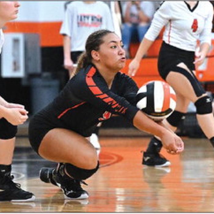 Schulenburg’s Kieryn Adams digs a ball in Saturday’s victory over Flatonia.