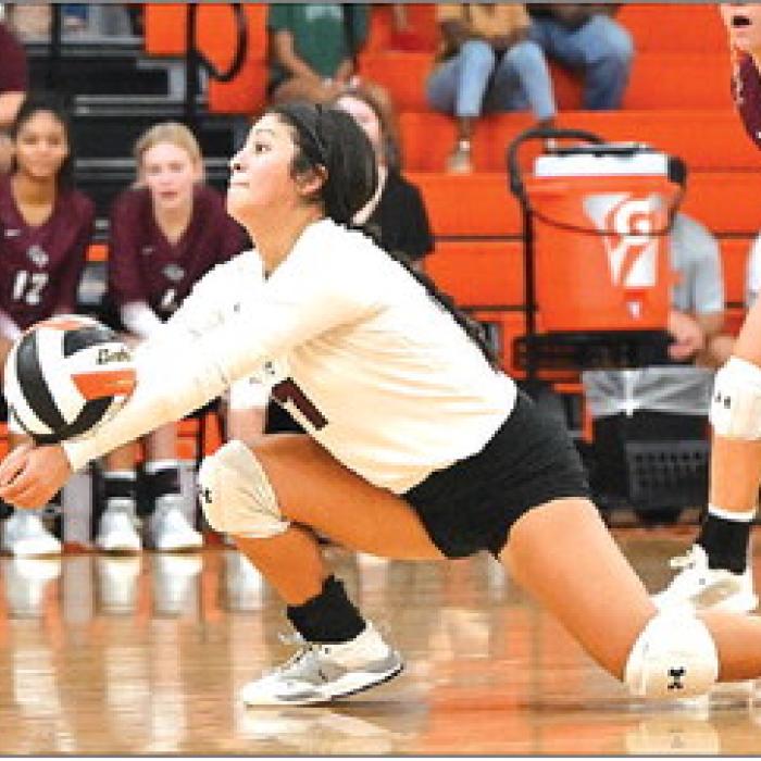 Flatonia’s Elzah Herrera works the back row for the Lady Bulldogs in Saturday’s match against Schulenburg.