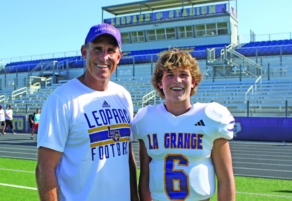 Here’s a shot of two important new guys on the La Grange varsity football team, new head coach Kyle Cooper and his son, junior Clayton Cooper. Clayton is competing for the starting QB job. “His nickname is Crash, and he brings that mentality to the quarterback position,” Kyle Cooper said. “He is a competitor.” Photos by Jeff Wick