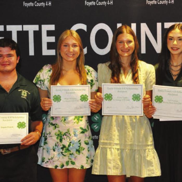 4-H Scholarship Recipients: Presenter Lee Fritsch, Logan Poncik, Hope Michalke, Elena Supak, Tori Newton, and Presenter Phyllis Fritsch.