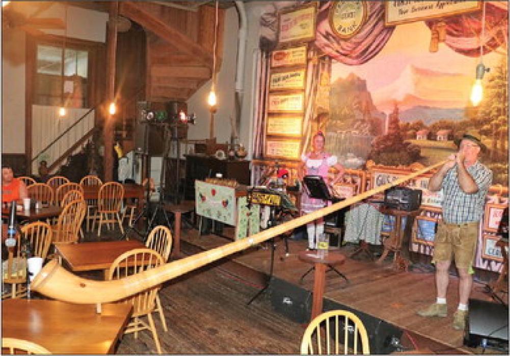 The giant alphorn is part of Das Ist Lustig’s show. That massive horn is shown here during one of their previous shows at Sengelmann Hall in Schulenburg. They return Sept. 28.
