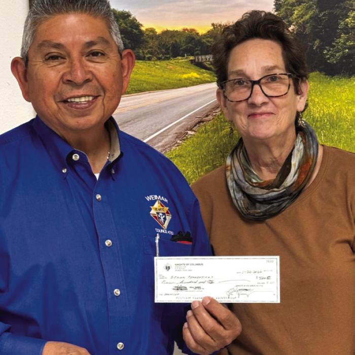 Joe Jimenez with the Knights of Columbus Council 2153 from Weimar presented Stephanie Shroyer a $500 for donation to Senior Connections. Joe will be a speaker for the Weimar campus next month as a representative from Cathedral Oaks Retreat.