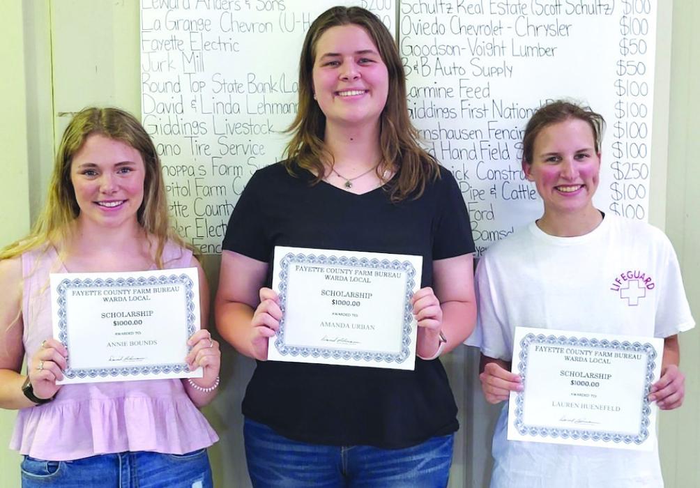 Warda Farm Bureau scholarship recipients - Annie Bounds, Amanda Urban, and Lauren Huenefeld.