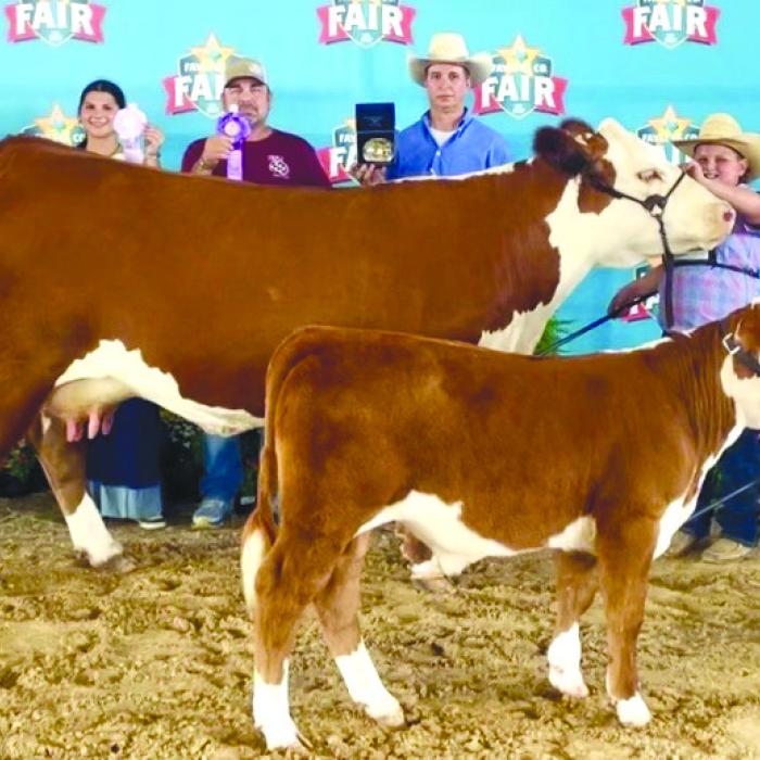Reserve Champion Heifer: back row holding awards, Jordyn Davila, Ashlyn Davis, Karyn Davila, Jerry Emshoff, Judge Aaron Wilson, McKenna Walden, and Angela Emshoff; front: Bowen Bishop and McCrae Walden.