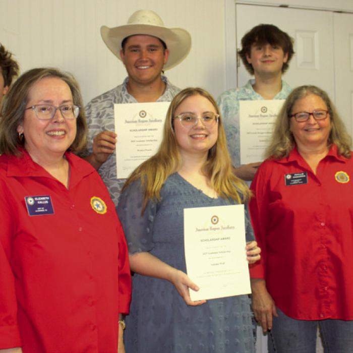 Pictured left to right are: American Legion Auxiliary scholarship committee member (Committee), Elaine Matthys; Cordale Knapik, Scholarship Recipient; Elizabeth Kallus, Committee; Bradyn Prasek, Recipient; Autumn Wolf, Recipient; Hudson Corn, Loretta Brugger Memorial Scholarship Recipient; Phyllis Chavarria, Committee; Stacy Ryza, Committee; and Mary Battle, ALA, Post President.