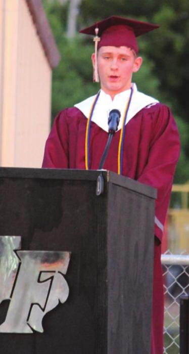 Fayetteville Valedictorian Miles Gillette-Bockhorn addresses his fellow graduates Friday. Photo by Jeff Wick