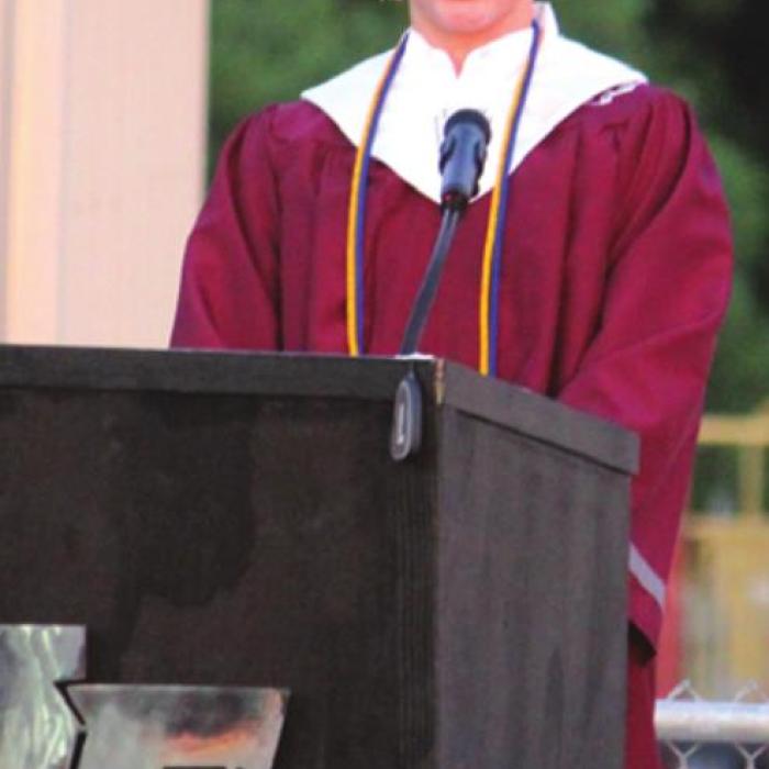 Fayetteville Valedictorian Miles Gillette-Bockhorn addresses his fellow graduates Friday. Photo by Jeff Wick
