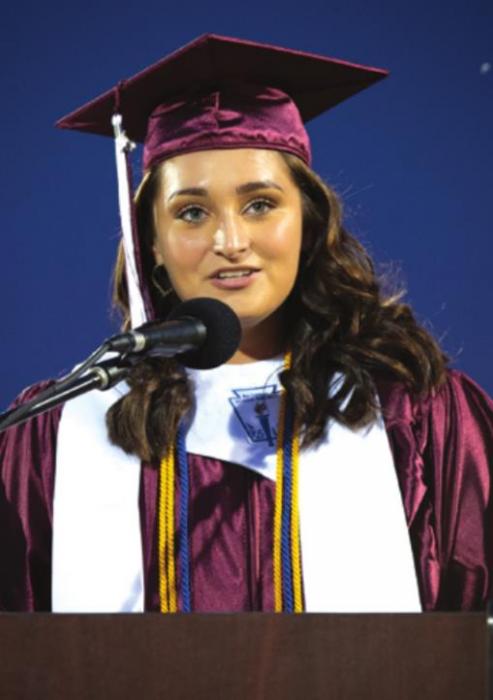 Kaitlyn Rowell delivers the 2020 Valedictorian address Friday night at Flatonia High School graduation. Photo by Stephanie Steinhauser