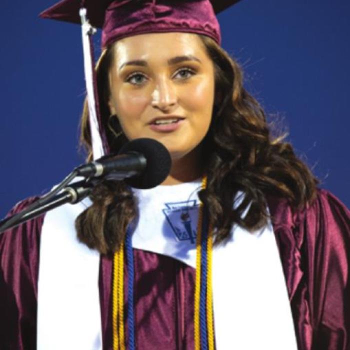 Kaitlyn Rowell delivers the 2020 Valedictorian address Friday night at Flatonia High School graduation. Photo by Stephanie Steinhauser