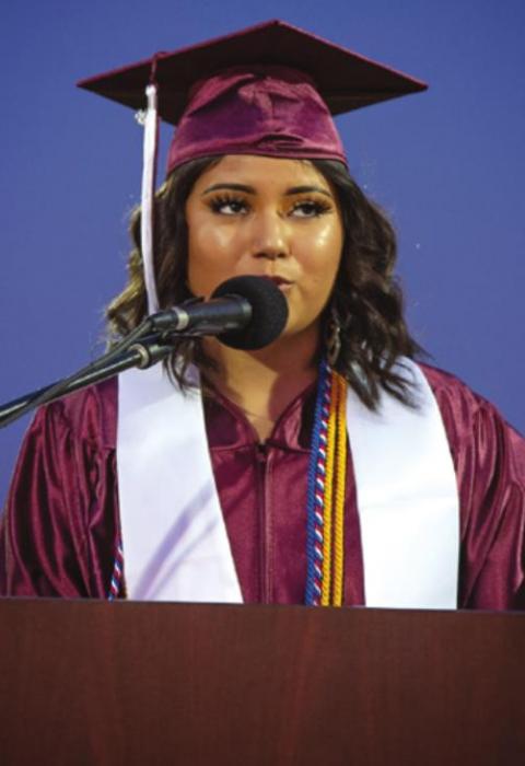 Cassandra Flores delivers the Salutatorian address to the Class of 2020 at Flatonia at Friday’s ceremony. Photo by Stephanie Steinhauser