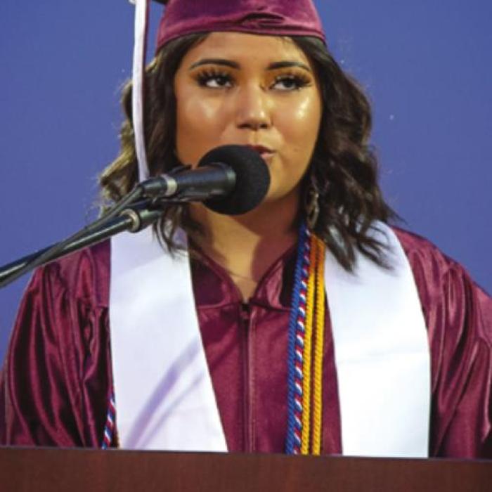 Cassandra Flores delivers the Salutatorian address to the Class of 2020 at Flatonia at Friday’s ceremony. Photo by Stephanie Steinhauser