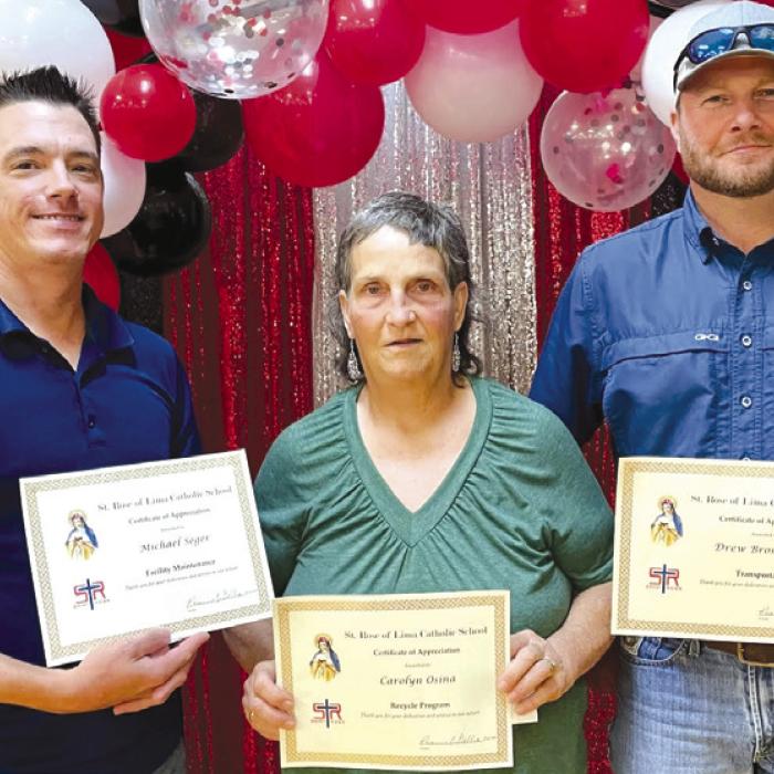 St. Rose of Lima School shares its sincere appreciation to its selfless volunteers. Three individuals were recognized at the annual Awards Banquet on Tuesday May 21: (from left) Michael Seger Facilities Maintenance; Carolyn Osina, Recycling Program; and Drew Brossmann, Transportation.