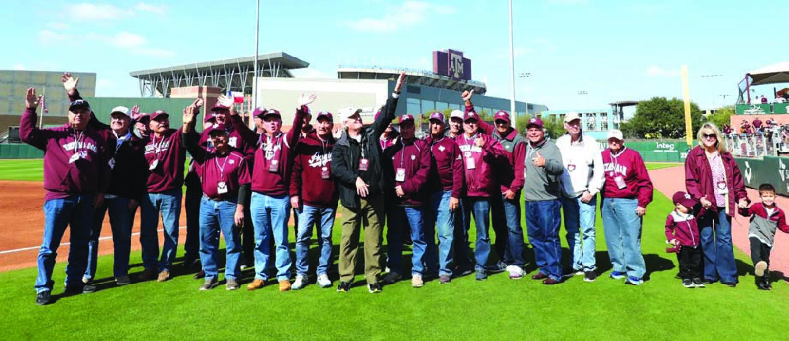 On Saturday March 9, members of the 1974 Texas A&amp;M baseball team were recognized during the Texas A&amp;M vs. Rhode Island ball game in College Station. After 50 years, the team still holds the A&amp;M record for the highest team batting average of .342. A couple of area ballplayers were members of the ‘74 team. Columbus native David Buxkamper (4th from the left) and John ‘Bubba’ Riehs (3rd from the left) of La Grange.