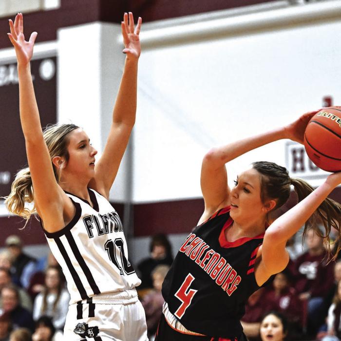 Flatonia’s Braidy Fike puts pressure on Schulenburg’s Brooke Redding in Friday night’s district win over the Lady Shorthorns. Photo by Stephanie Steinhauser