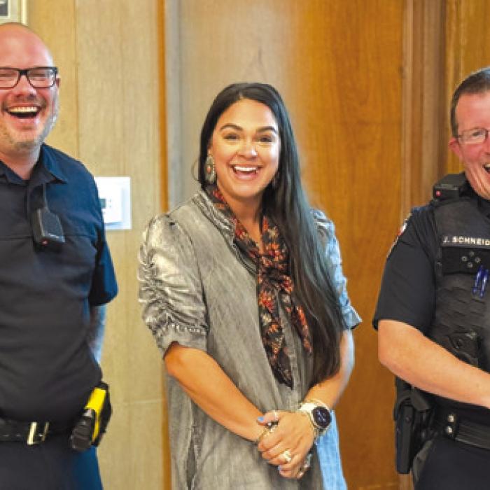 Sergeant Josh Jones and Lauren Dahse-Administrative Assistant and Officer Jimmy Schneider with the Weimar Police Department visited Senior Connections to talk about scam prevention.