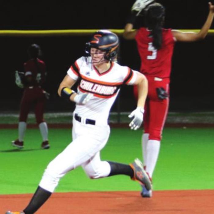 Schulenburg’s Erica Otto heads into second after one of her doubles Saturday. Photo by Audrey Kristynik