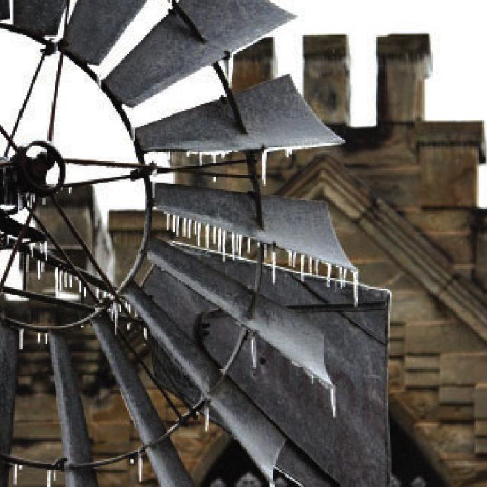 Icicles on the windmill outside the Texas Heroes Museum on La Grange.