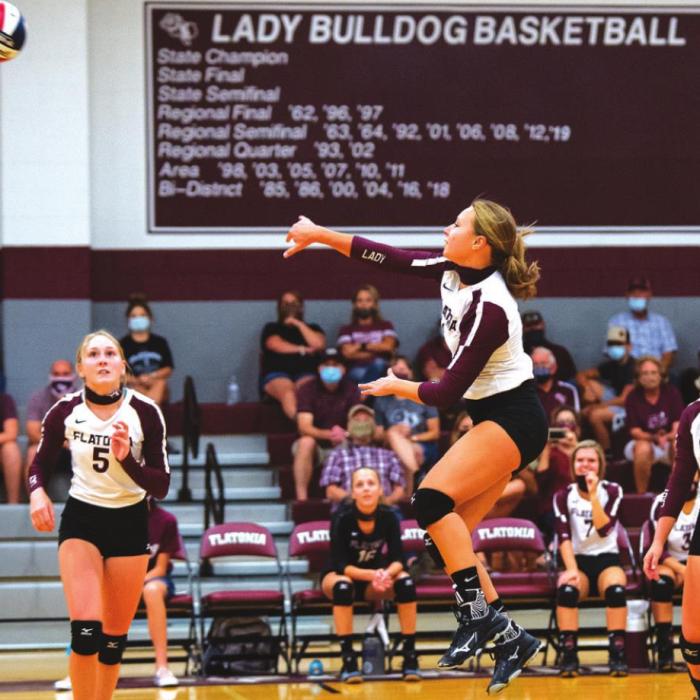 Flatonia’s Ali Janecka goes up for the hit in Tuesday’s game against Hallettsville.