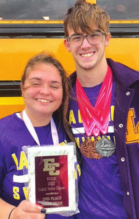 La Grange swim team captains Avery Koehl and Trey Cunningham pictured with the girls 2nd place plaque after the El Campo meet.