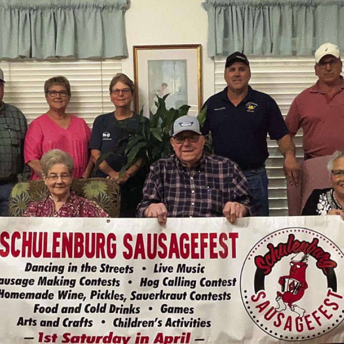 The Schulenburg Sausagefest will honor the Curtis Guentert Family as the 2025 Best Wurst Family. The family operated a custom butcher shop and catering business in Schulenburg for many years, and they were wellknown for their delicious homemade sausage. Pictured are (front, from left) Jeanette Guentert, Curtis Guentert, Tootsie Adams, (back) Darryl Guentert, Audrey Kristynik, Mary Krupala, Darren Guentert and Terry Guentert.