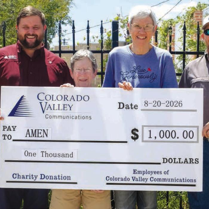 The employees of Colorado Valley Communications presented a $1,000 donation to AMEN Food Pantry. The donation came from voluntary contributions by the CVC employees. Pictured (from left) are CVC Customer Service Representative Brittany Moeller, CVC Assistant Data Analyst Landon Hatfield, AMEN Volunteer Mary Lou McElroy, AMEN Vice President Susan Schultz, and CVC Network Supervisor Dustin Herzik. Staff photo by Andy Behlen