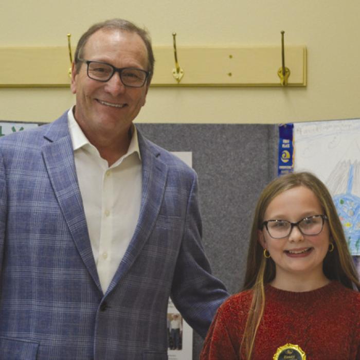 Essay Contest (13 and Under Division): Charli Hadaway (Sacred Heart School) and (not pictured) Bree Dooley (Round Top-Carmine High School); presenter: Tim Knesek of Capitol Farm Credit.