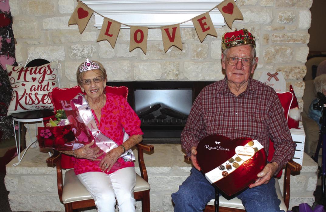 Shirley Parker and Reuben Maas were named the Queen and King at the annual Valentine’s Day party held at Jefferson Place assisted living facility in La Grange. The award is voted on by the residents. The royal duo are shown above wearing their crowns after the announcement Wednesday. Photo by Jeff Wick
