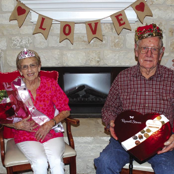 Shirley Parker and Reuben Maas were named the Queen and King at the annual Valentine’s Day party held at Jefferson Place assisted living facility in La Grange. The award is voted on by the residents. The royal duo are shown above wearing their crowns after the announcement Wednesday. Photo by Jeff Wick