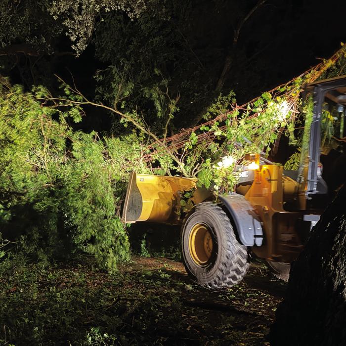 Precinct 1 Commissioner Jason McBroom shared this photo with us of his crew hard at work Monday morning clearing storm damage that blocked Bartons Creek Rd. in Kirtley. Powerful winds caused a lot of damage across Fayette County both Saturday and Sunday nights.