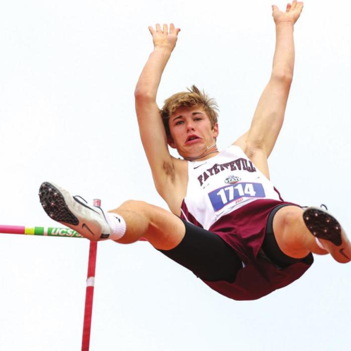 Fayetteville’s Landon Urban finished seventh in the 1A boys pole vault at the state meet, clearing 11 feet. Photo by Scott Coleman