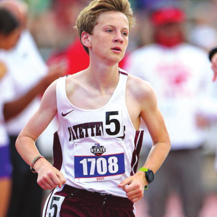 Fayetteville’s Cole Fenghaus placed sixth in the 1A 3200 meters. Photo by Scott Coleman