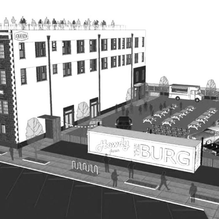 An artist’s rendering of an outdoor drive-in inspired movie theater next to the renovated Von Minden Hotel, which up until a decade ago, housed the Cozy Theater in Schulenburg.