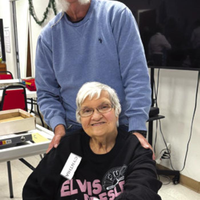 Rusty Beckmann, member and board member calls our bingo games to finish out the days on Wednesdays. He is pictured here with Cynthia Meyer with her blackout prize of two pounds of ground beef from Texas Beef Initiative.