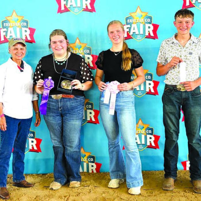 Overall High Point Winners, Senior, buckle sponsor in memory of Emil Thomas, Elaine Thomas: Rheagan Karisch, Madison Markwardt, and Holden Holub.