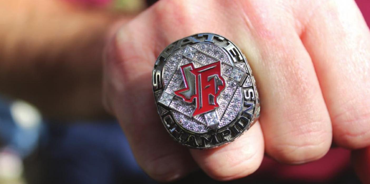 A close-up of Coach Clint Jaeger’s championship ring.