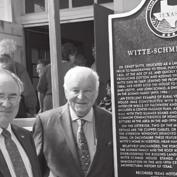 At the Witte-Schmid House marker dedication in 2018, Texas German Society founders Rodney Koenig (left) and Glenn Guettler (right) were joined by Georg Ulbrich (center), who was serving as the organization’s president. Located in the Schoenau community between Industry and Shelby in Austin County, the 1860 Witte-Schmid Haus was donated to the Texas German Society in 1986 by Annie Schmid and her son, Sanford Schmid.