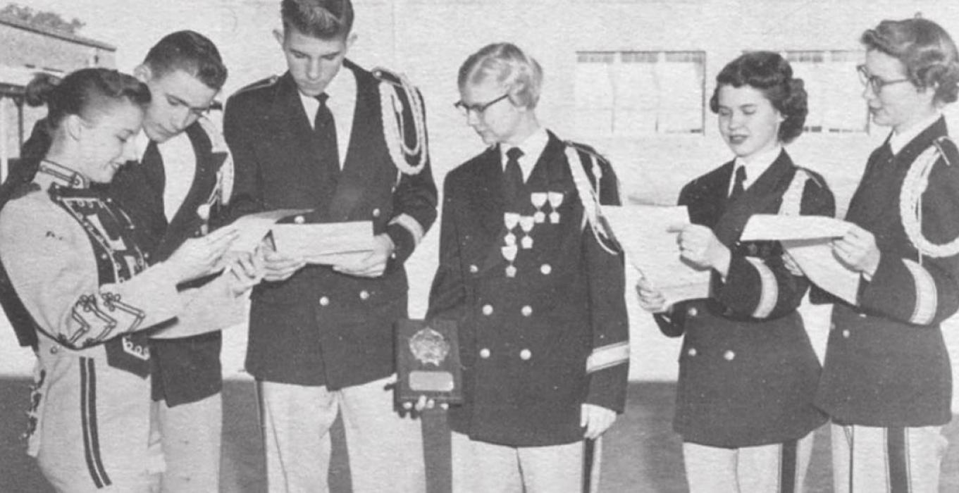 The 1957 La Grange High School Leopard band officers were (left to right): Marilyn Jurajda, treasurer; Rodney Koenig, vice president; Fred Oppermann, parliamentarian; Joe Helen Cronenberger, president; Kay Hagler, secretary; and Carolyn Tolle, reporter.