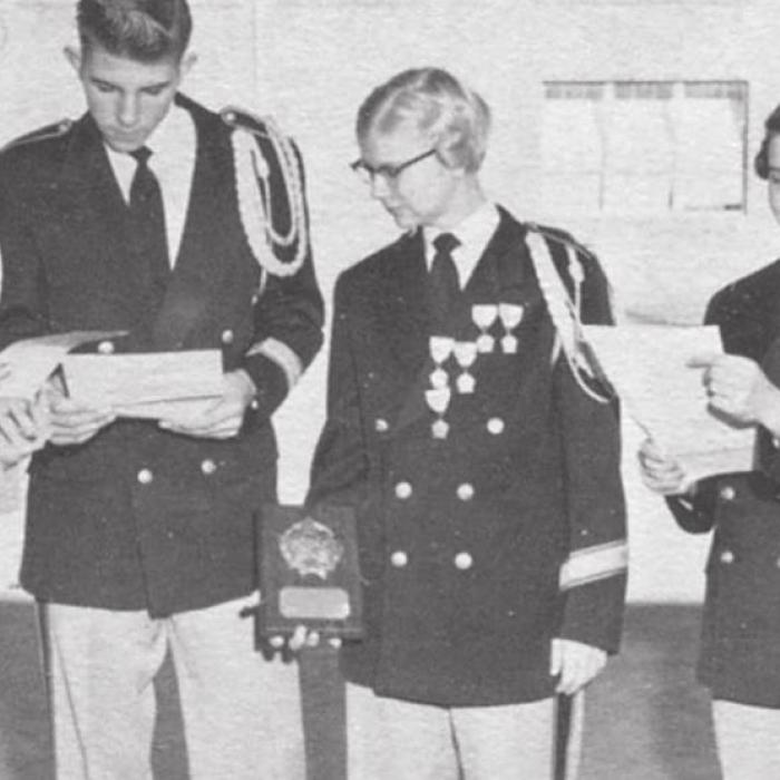 The 1957 La Grange High School Leopard band officers were (left to right): Marilyn Jurajda, treasurer; Rodney Koenig, vice president; Fred Oppermann, parliamentarian; Joe Helen Cronenberger, president; Kay Hagler, secretary; and Carolyn Tolle, reporter.