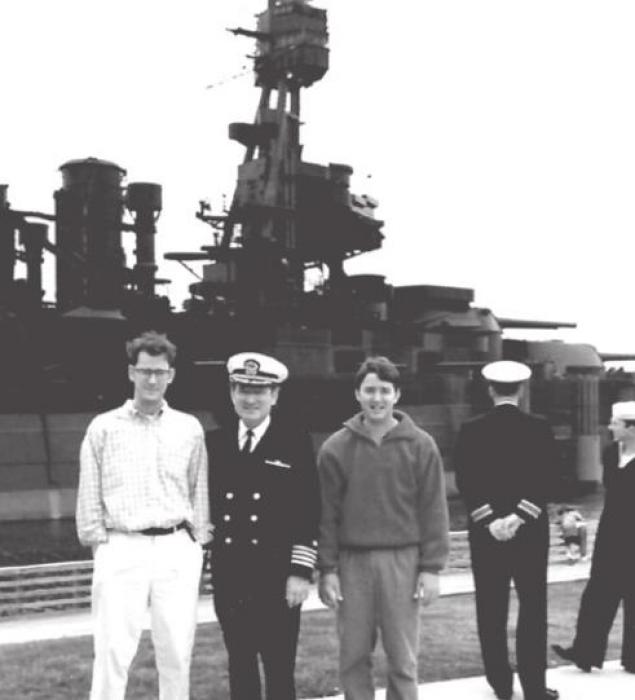 Rod (center) with his sons, J.T. (left) and Erik (right) pose at the Battleship Texas when Rod served on the commission that oversaw the historic ship’s preservation.