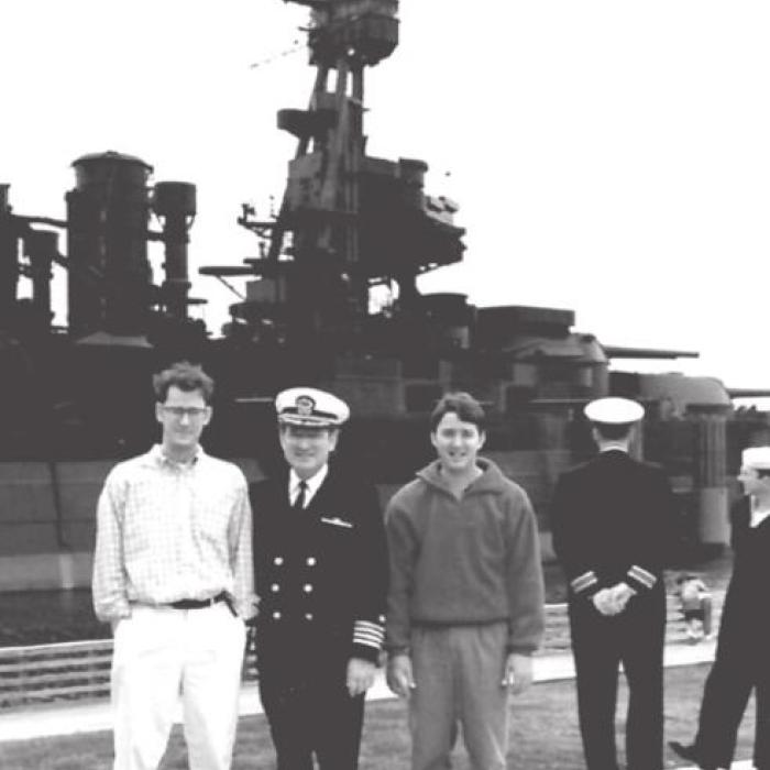Rod (center) with his sons, J.T. (left) and Erik (right) pose at the Battleship Texas when Rod served on the commission that oversaw the historic ship’s preservation.