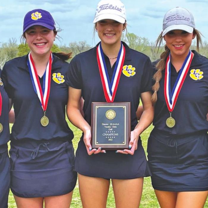 The La Grange district champ girls golf team, left to right: Maddy Kates, Elizabeth Hart, Maddi Mach, Macie Kates, and Ella Pineda.