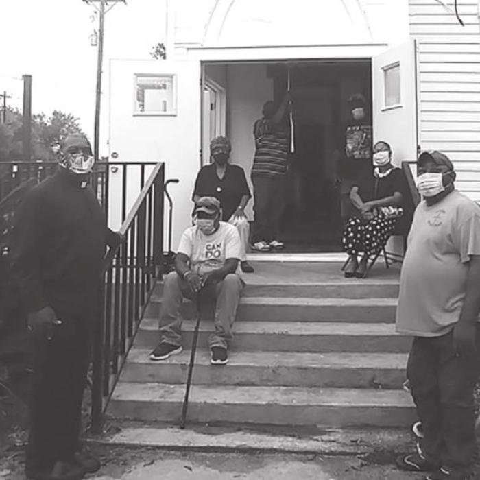 Church Members from left to right: Pastor, Herman Powell Jr. Bro. Charles Martin, Sis. Pasty Ogelsby, Bro. Freddie Ellison (bell ringer), Bro. Eddie Ellison, Bro. Ronzelle Jones, Sis. Brenda Mann Brown (member of Mount Arie Missionary Baptist), and behind the camera First Lady Mary Jo Powell.