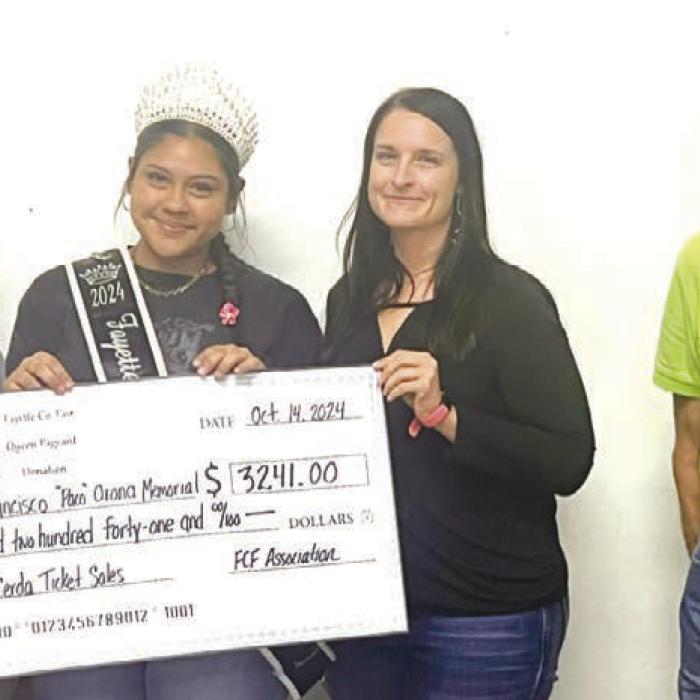 At the Fayette County Fair’s October membership meeting, President Mike Zuhn and Vice President Brandi Chovanec, presented checks to the non-profit organizations that sponsored the Queen contestants this past year. The fair awarded $7,072.50 to three organizations. These monies are in addition to the scholarships that the contestants earn. Francisco “Paco” Orona Memorial Scholarship, pictured above, represented by Yeli Cerda, received a donation of $3,241 on behalf of Queen Emireth Cerda.