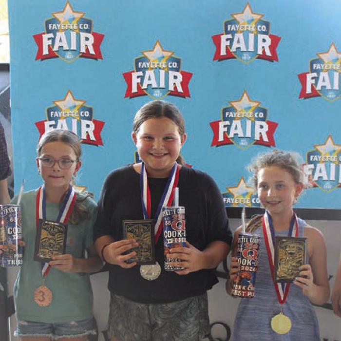 Here are the top winners in the Kids’ Competition at Saturday’s Fayette County Fair Bar-B-Q Cook Off. Left to right 2025 Queen second runner-up Keanna Henderson, third place Reagan McCullough, second place Lillian Tofel, first place Shelby Janacek and 2025 Fair Queen Hailey Janish.