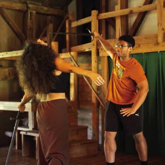 UT students rehearsing earlier this month in the iconic Winedale Theater barn, above, and below under the ancient pecan trees outside the barn. Photos by Meadow Taylor-Marklin