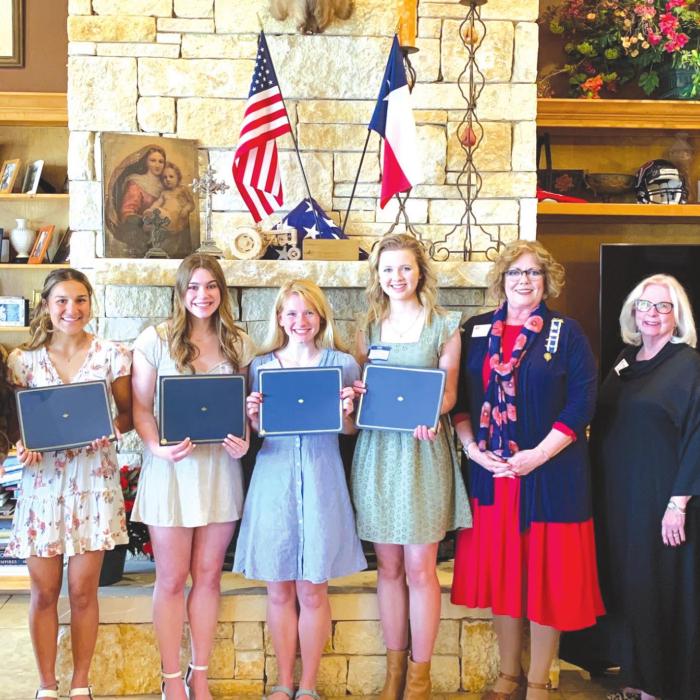 Pictured from left: Ilse Crystal Salinas, Round Top-Carmine High School; Abigail Dela Rosa, La Grange High School; Madelyn Grace Birnbaum, Giddings High School; Brysen Landry Brown, Schulenburg High School; Laura Beth James, Flatonia High School. Also pictured are Sherry Hebert, Chapter DAR Good Citizens Chairperson; Sarah Mabry, Guest Speaker and Founding Member of the Smith-McMillan Chapter; and Sue Lane McCulley, Regent.