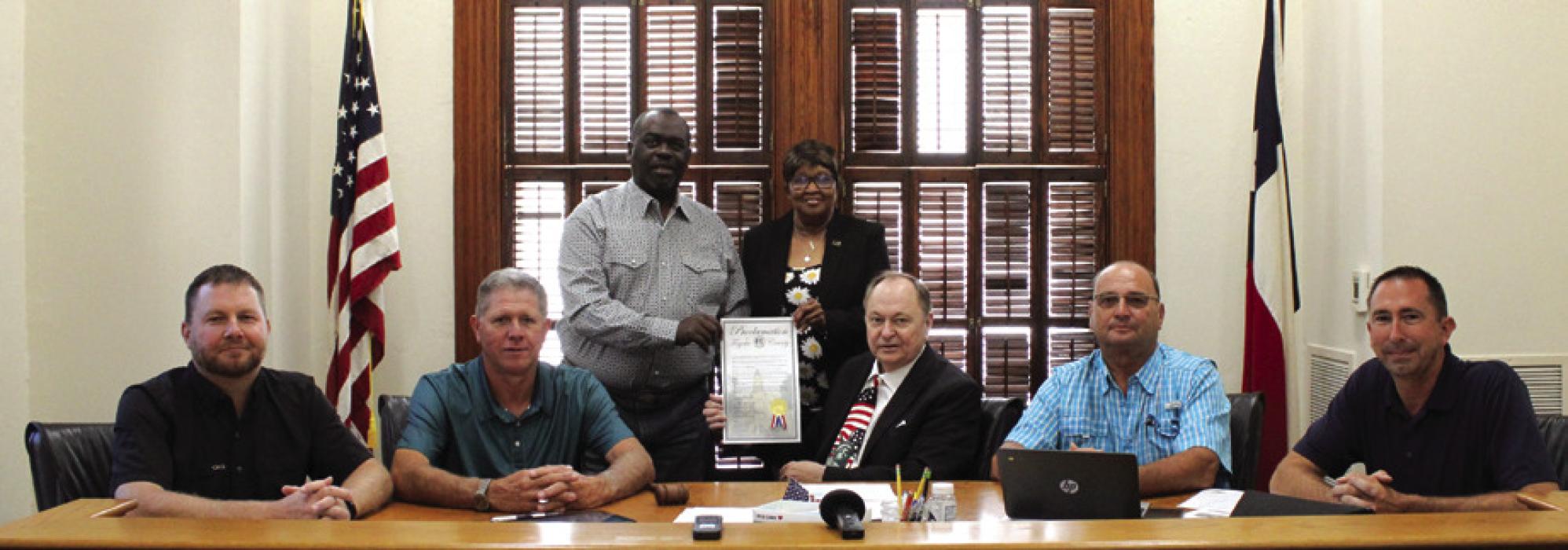 The Fayette County Commissioners Court signed a proclamation last Thursday designating June 19 as Emancipation Day in Fayette County. On hand for the signing were (back, from left), La Grange Juneteenth organizer Jonathan Ellis, La Grange Mayor Jan Dockery, (front) Pct. 4 Commissioner Drew Brossmann, Pct. 3 Commissioner Harvey Berckenhoff, County Judge Dan Mueller, Pct. 2 Commissioner Luke Sternadel and Pct. 1 Commissioner Jason McBroom. Photo by MaKenzie Givan